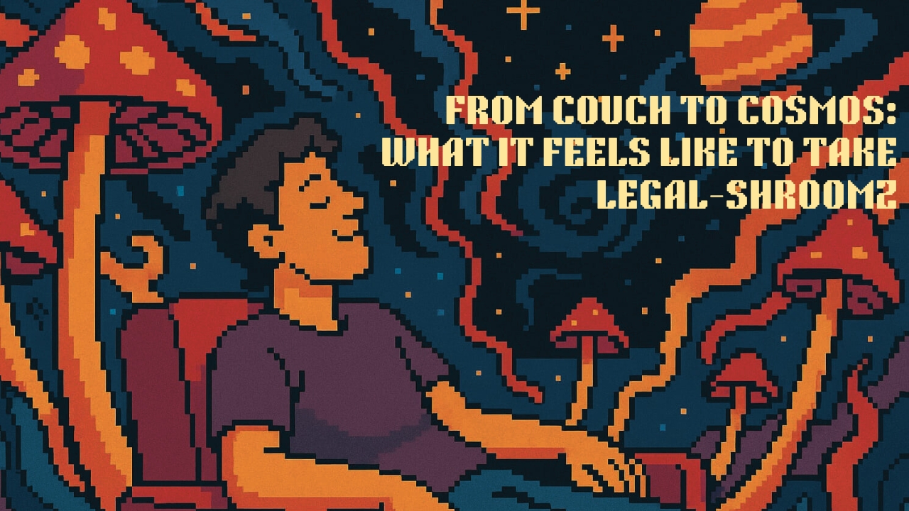 A pixel-style illustration of a relaxed person leaning back in a chair, surrounded by cosmic swirls, stars, and giant mushrooms, symbolizing a psychedelic experience.