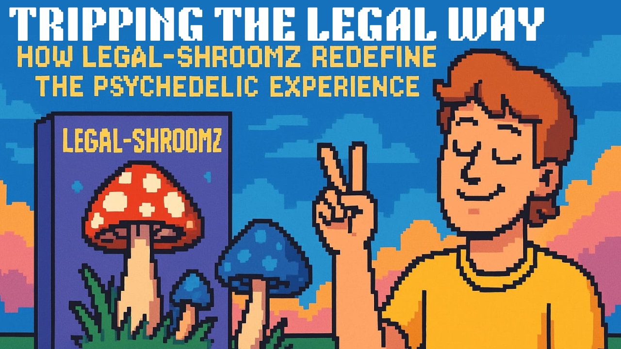 Pixel art of a smiling man flashing a peace sign next to a large Legal-Shroomz product box and colorful mushrooms.