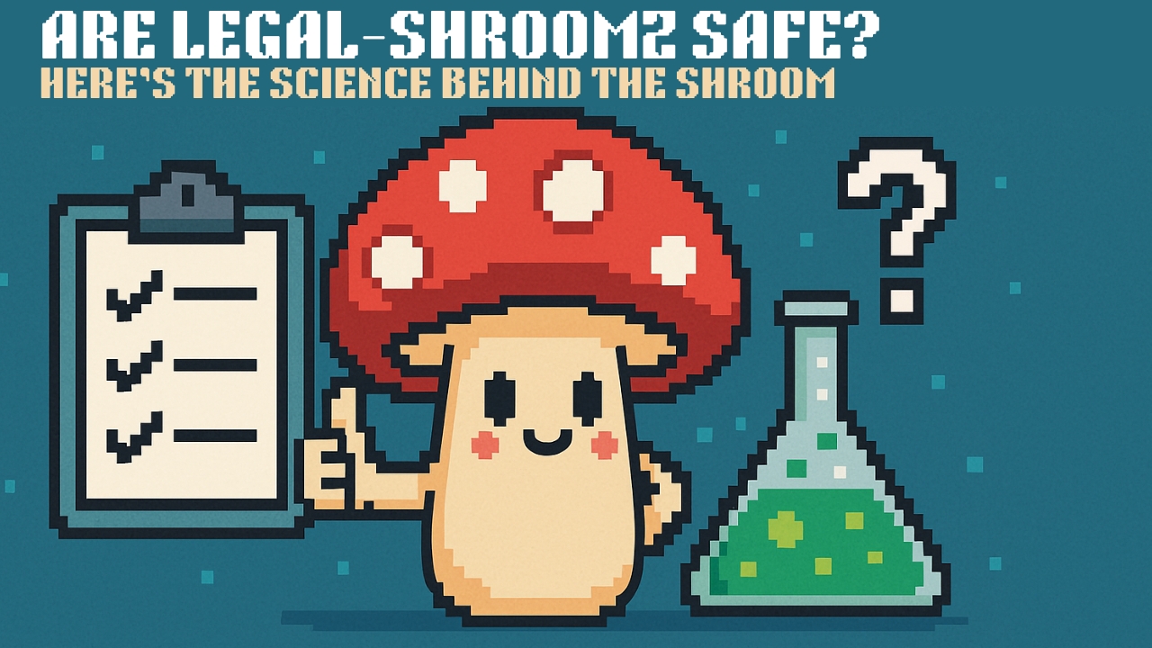 Pixel art mushroom character holding a checklist and standing next to a green chemical flask and a question mark with the title "Are Legal-Shroomz Safe?"