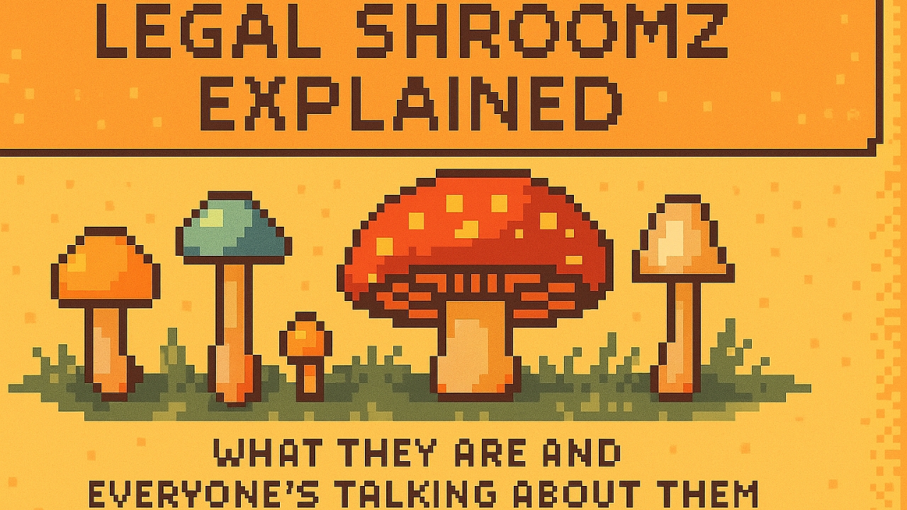 Pixel art of various colorful mushrooms beneath a bold header reading “Legal Shroomz Explained.”