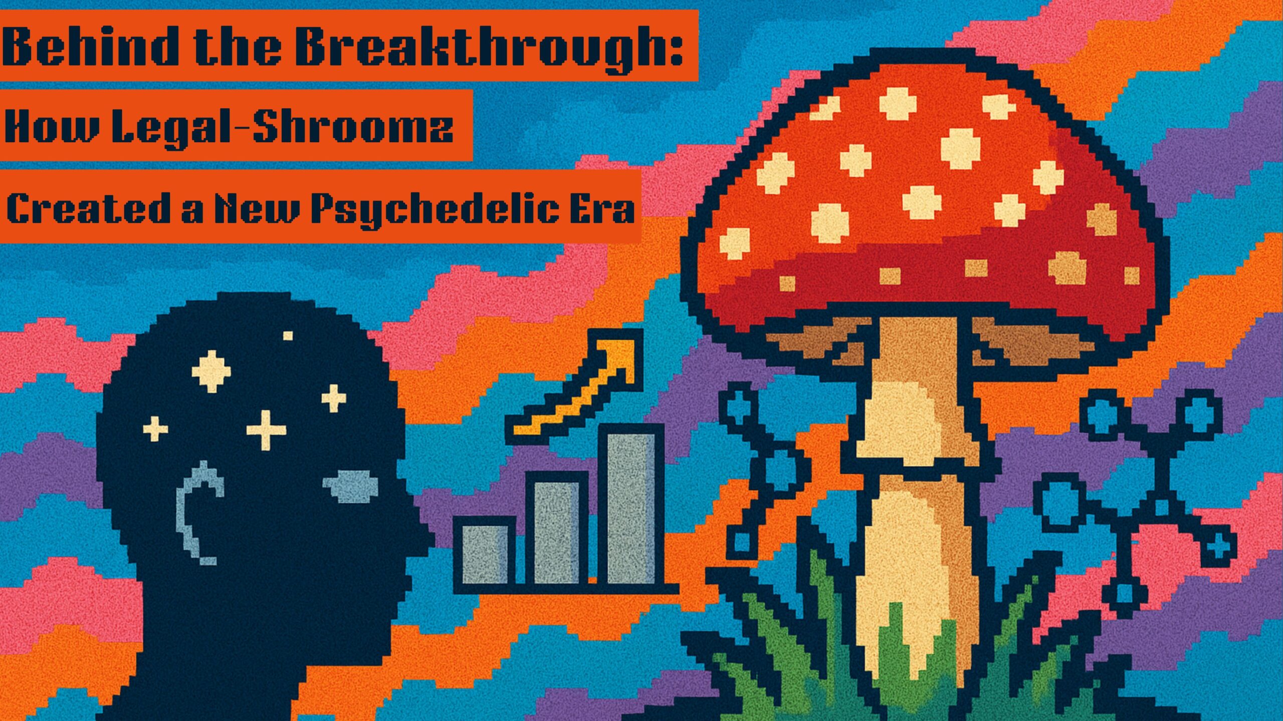 Pixel-style psychedelic scene showing a head silhouette, a rising chart, molecular structures, and a large Amanita mushroom.