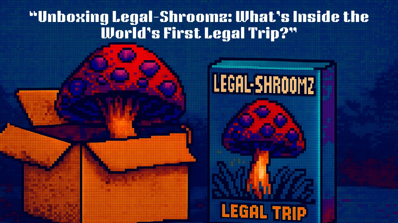 Pixel art of a mushroom emerging from an open box beside a Legal-Shroomz product pack labeled “Legal Trip.”
