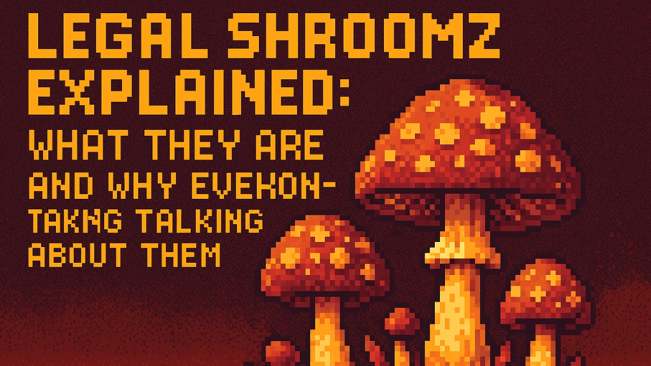 “A warm-toned pixel art display of glowing mushrooms with bold yellow-orange text explaining legal shroomz.”