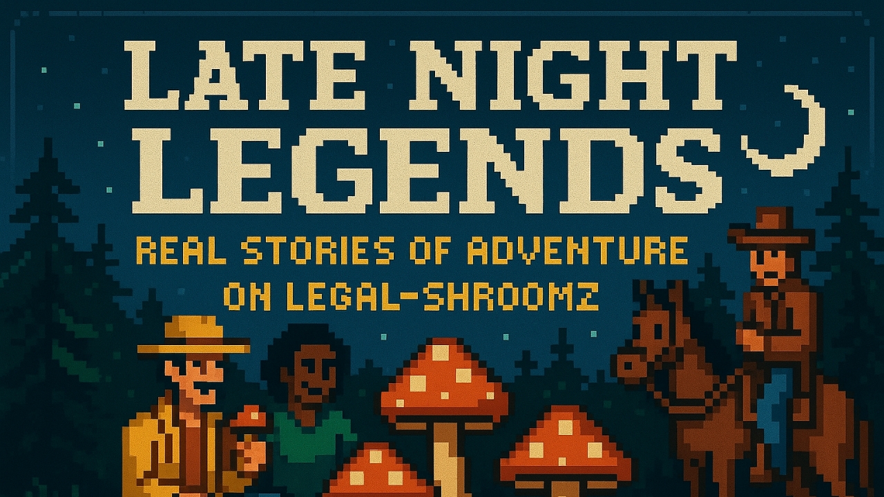 Pixel art of two people sitting near a campfire with mushrooms and a cowboy on horseback under a night sky.