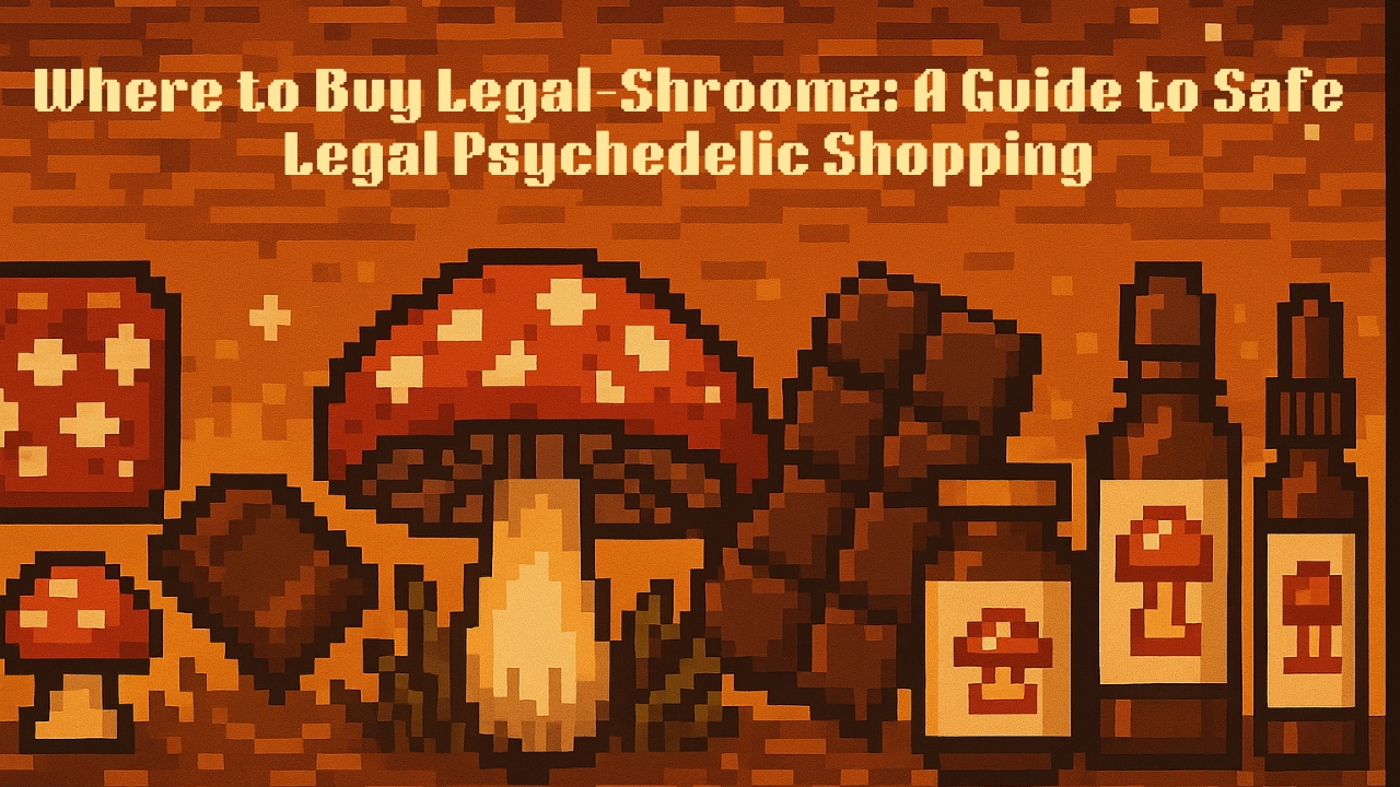 Pixel art of legal psychedelic mushroom products including bottles, chocolates, and Amanita mushrooms.