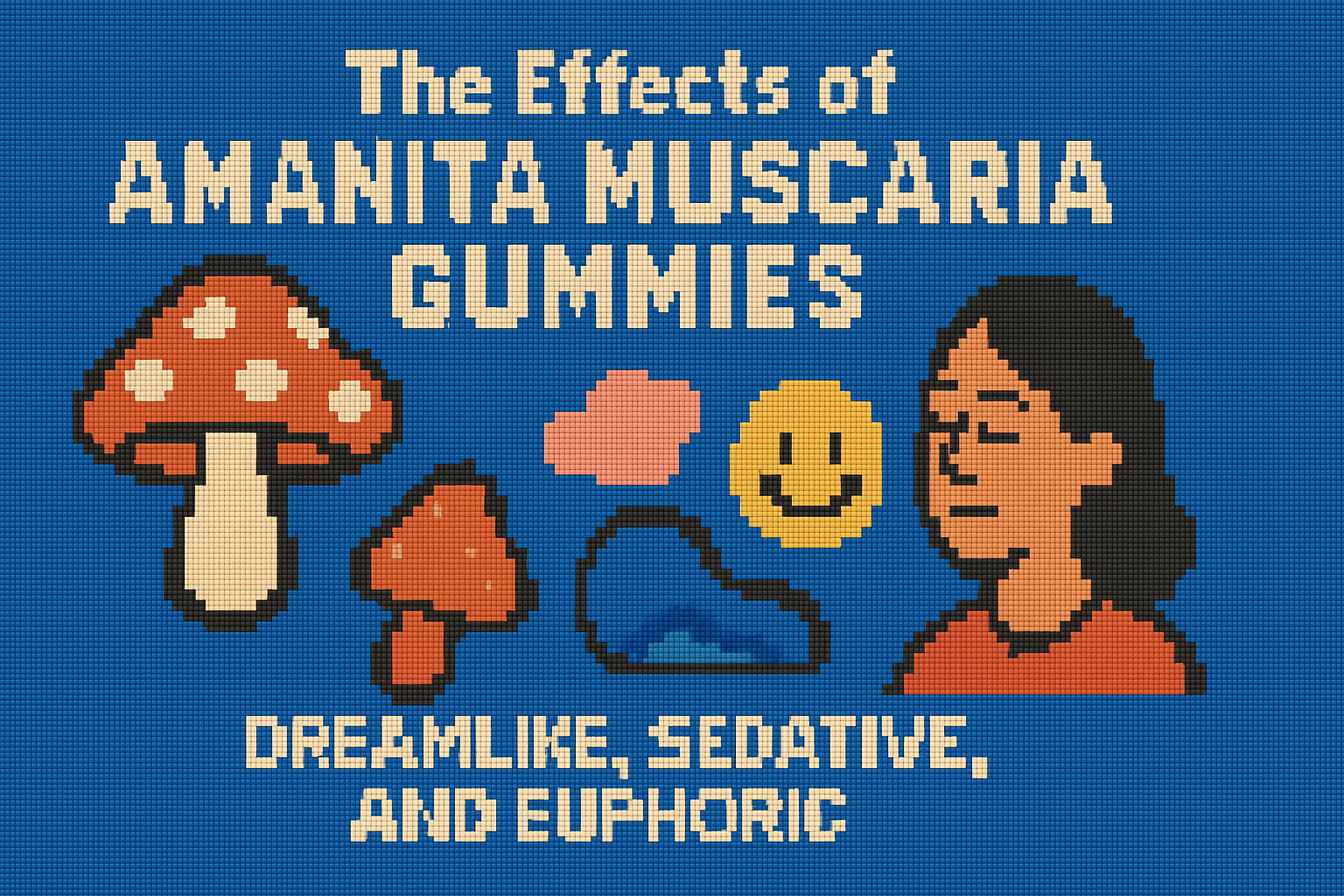 "Infographic showing the effects of Amanita Muscaria gummies, highlighting dreamlike, sedative, and euphoric experiences with colorful pixel art icons."
