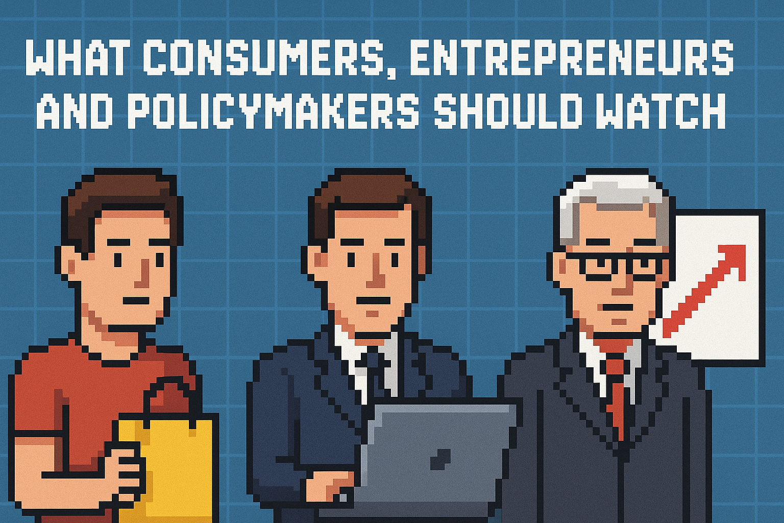 Pixel art illustration of a consumer, entrepreneur with a laptop, and policymaker with a downward trend chart, with the text “What consumers, entrepreneurs and policymakers should watch.”
