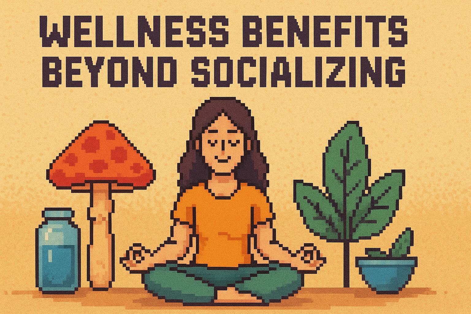 Pixel art illustration of a woman meditating in a lotus pose, surrounded by a mushroom, plants, and a wellness jar, with text "Wellness Benefits Beyond Socializing."