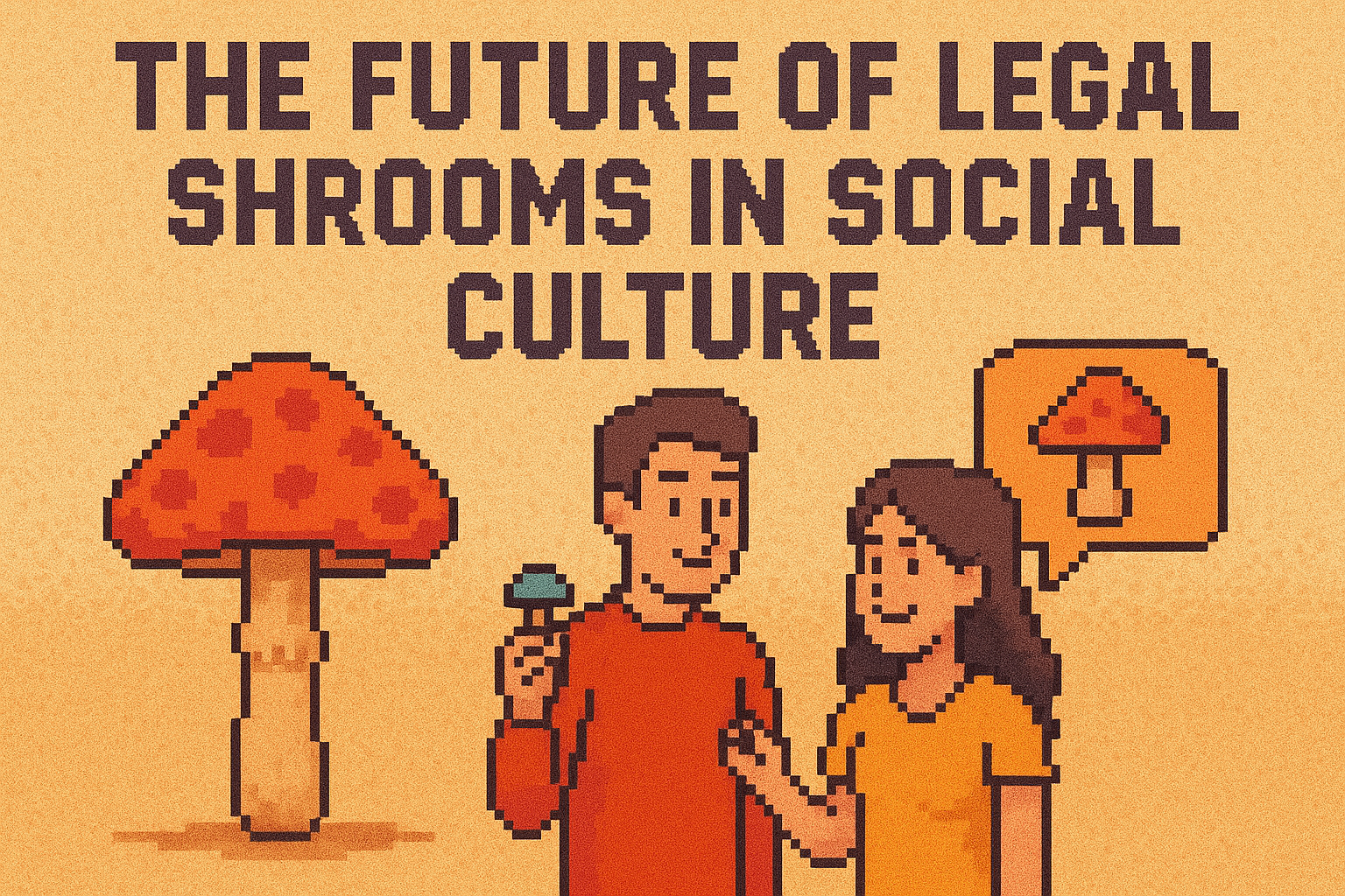 Pixel art of two people smiling and discussing mushrooms, with text “The Future of Legal Shrooms in Social Culture” above them.
