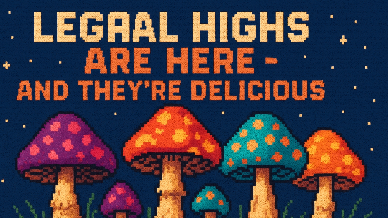 Colorful pixel-art mushrooms under a starry night sky with bold text promoting their taste.