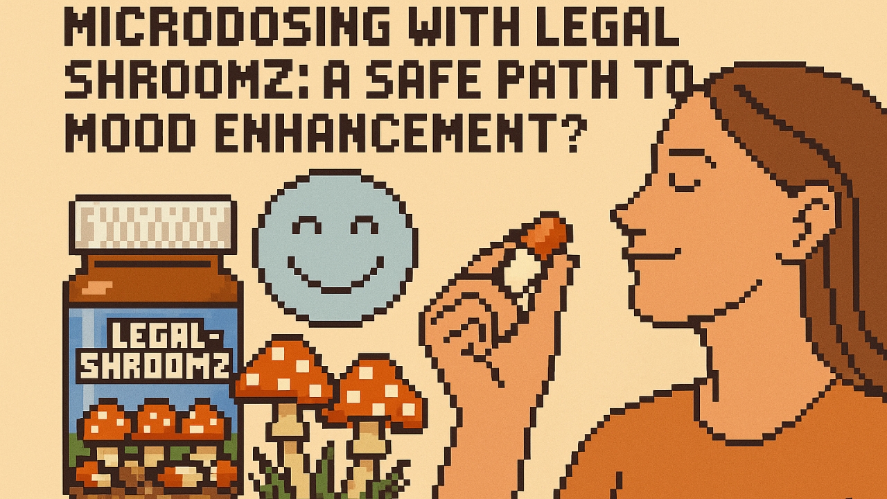 Pixel-art woman holding a capsule, smiling, beside a bottle labeled “Legal-Shroomz,” happy face icon, and red-capped mushrooms.