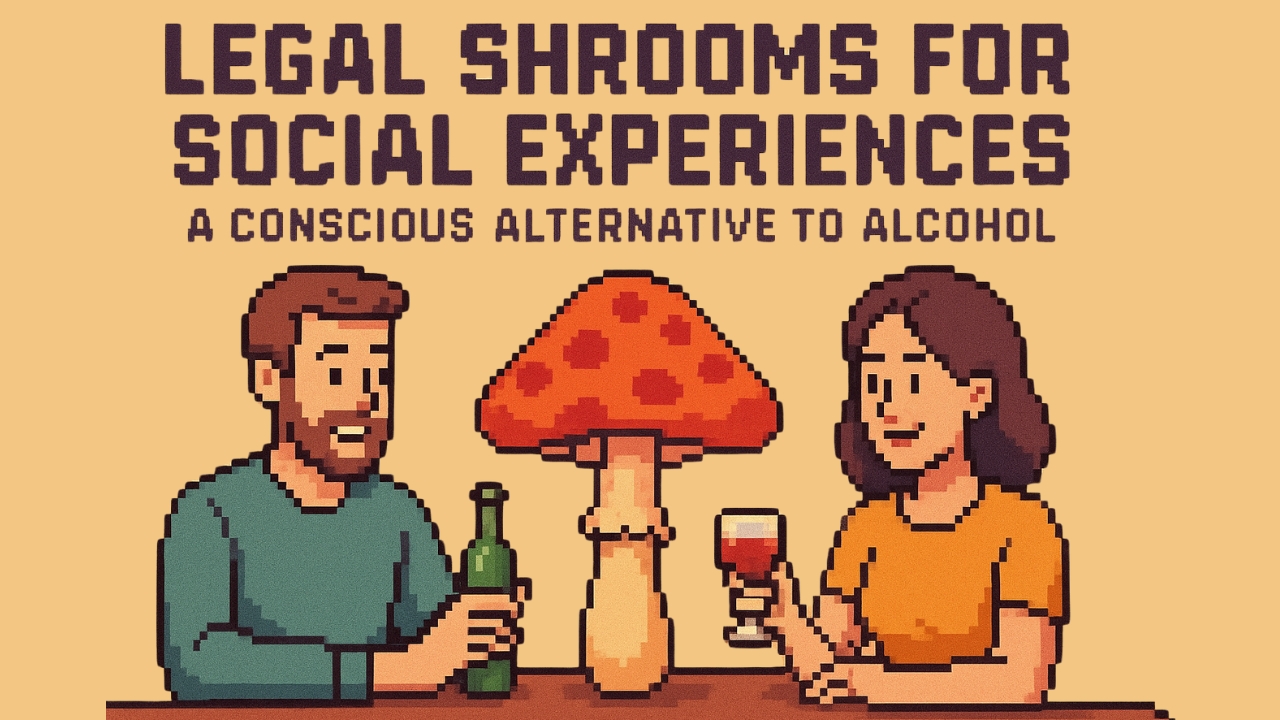 Pixel art illustration of a man and woman enjoying social experiences with legal shrooms as an alternative to alcohol, featuring a large mushroom between them.