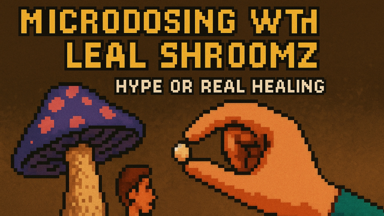 Pixel art hand holding a mushroom dose with text about microdosing benefits.