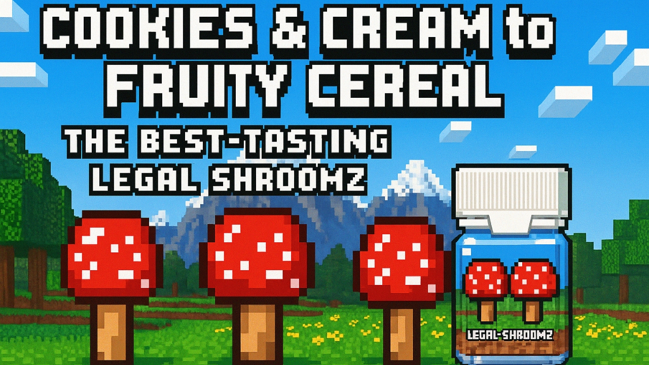 "Pixel art of red-spotted mushrooms and a jar of Legal Shroomz gummies with a mountain landscape background."