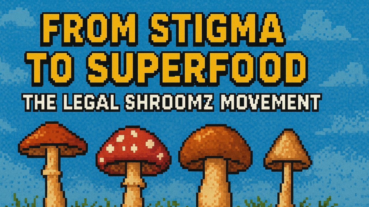 Pixel art mushrooms under a blue sky with the heading From Stigma to Superfood – The Legal Shroomz Movement.