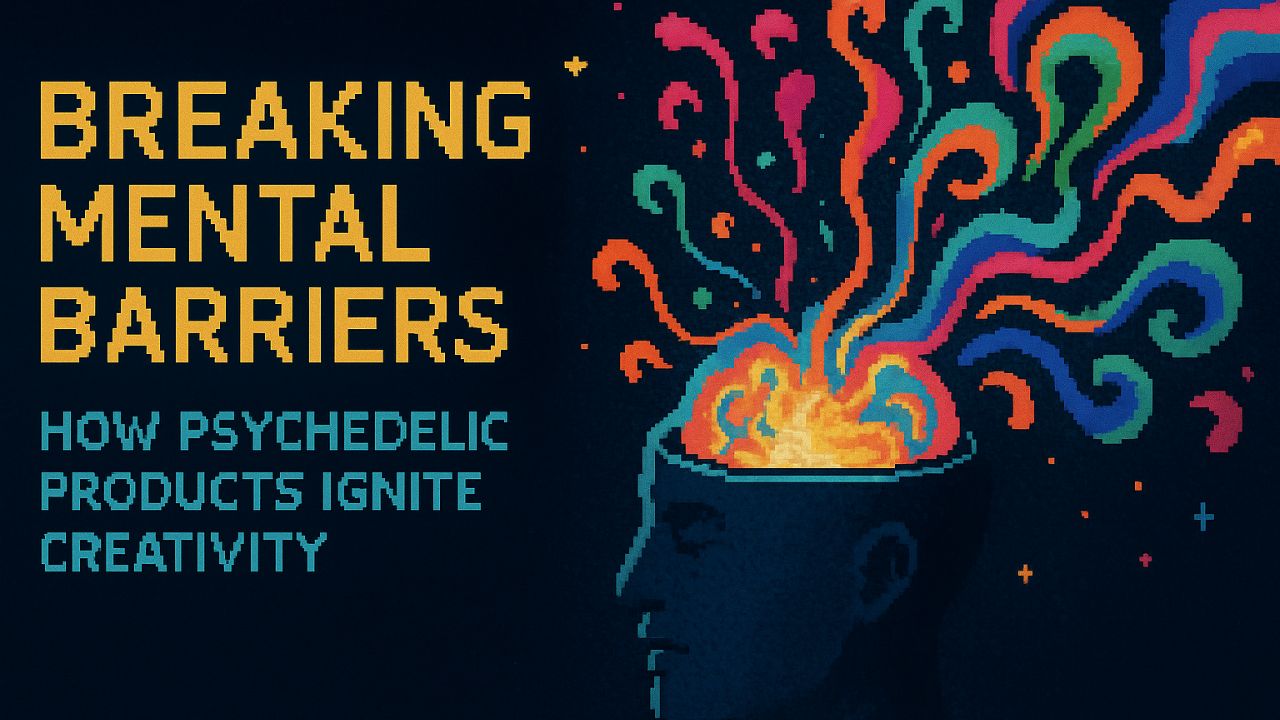 Pixel art of a human head with the top open, releasing colorful swirling streams of light and creativity, next to bold text reading “Breaking Mental Barriers – How Psychedelic Products Ignite Creativity.”