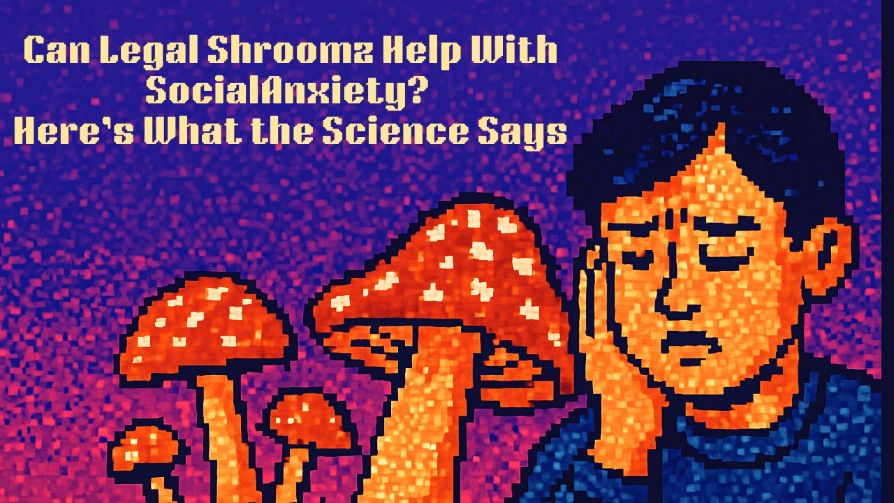 Pixel art of a man with a hand on his face, looking thoughtful beside glowing red mushrooms, all set against a textured purple backdrop.