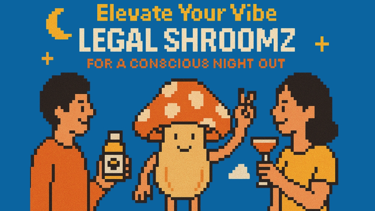 "Infographic illustration promoting legal shrooms for a conscious night out, featuring cartoon-style people holding drinks and a smiling mushroom character."