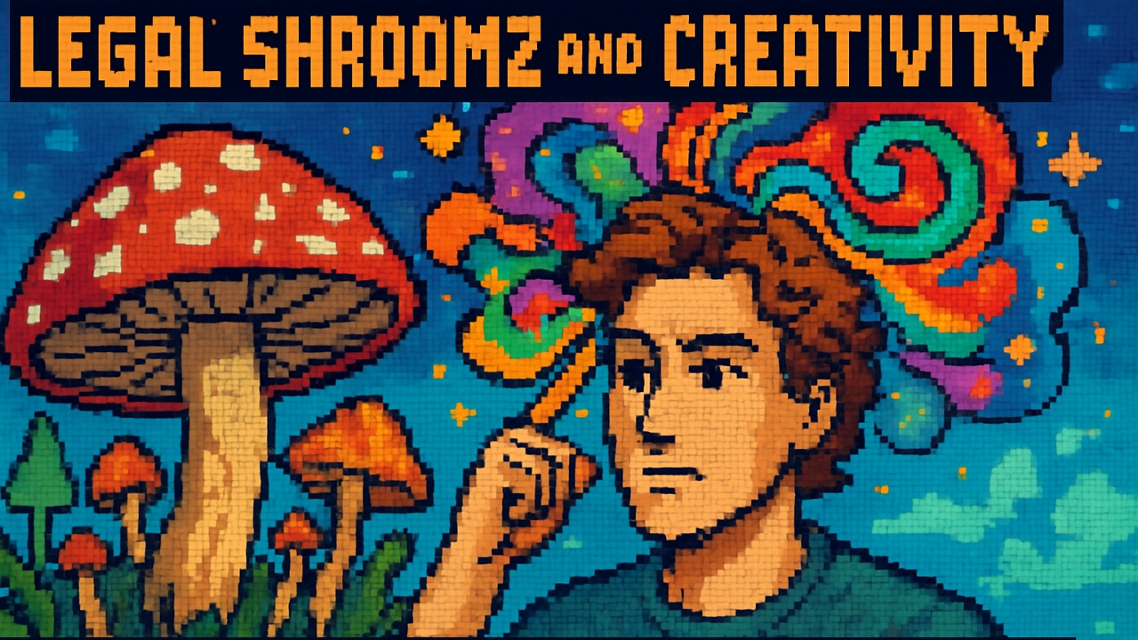 Pixel art of a man pointing to his head with a psychedelic swirl of colors emerging from his mind, surrounded by vibrant mushrooms under a night sky. Text reads “LEGAL SHROOMZ AND CREATIVITY”.