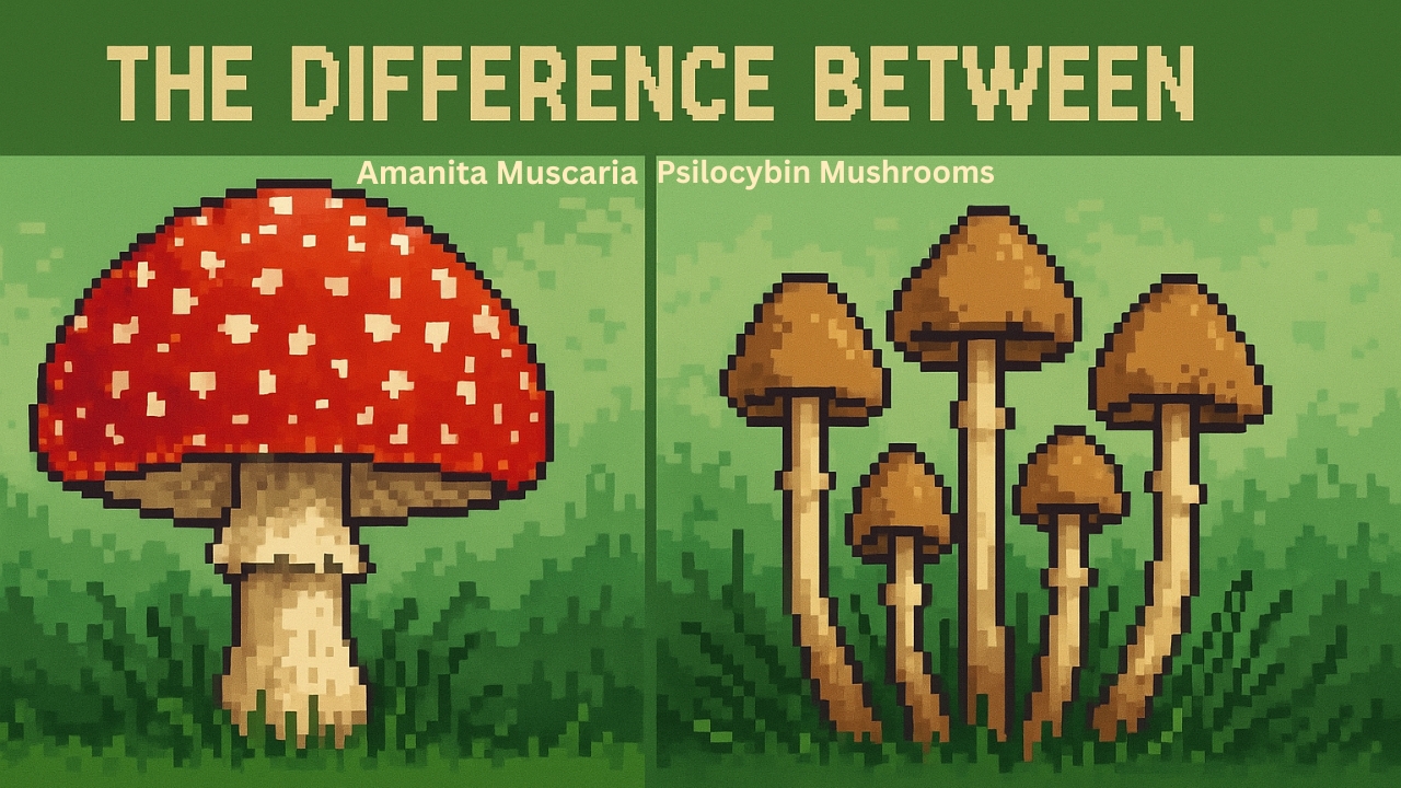 Pixel art illustration showing the difference between Amanita muscaria and psilocybin mushrooms, with Amanita depicted as a red cap with white spots and psilocybin mushrooms as small brown caps with slender stems.