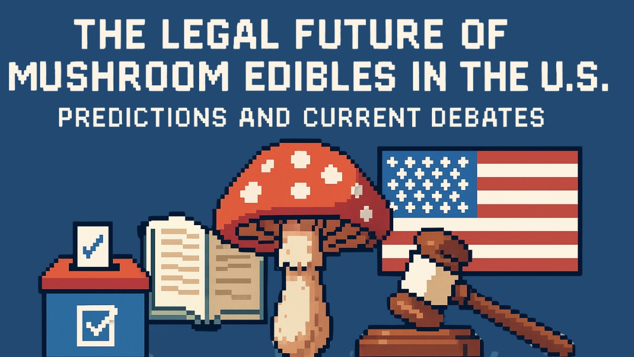 Pixel art illustration of Amanita muscaria mushrooms, U.S. flag, legal documents, and gavel, with the text “The legal future of mushroom edibles in the U.S. – Predictions and current debates.”