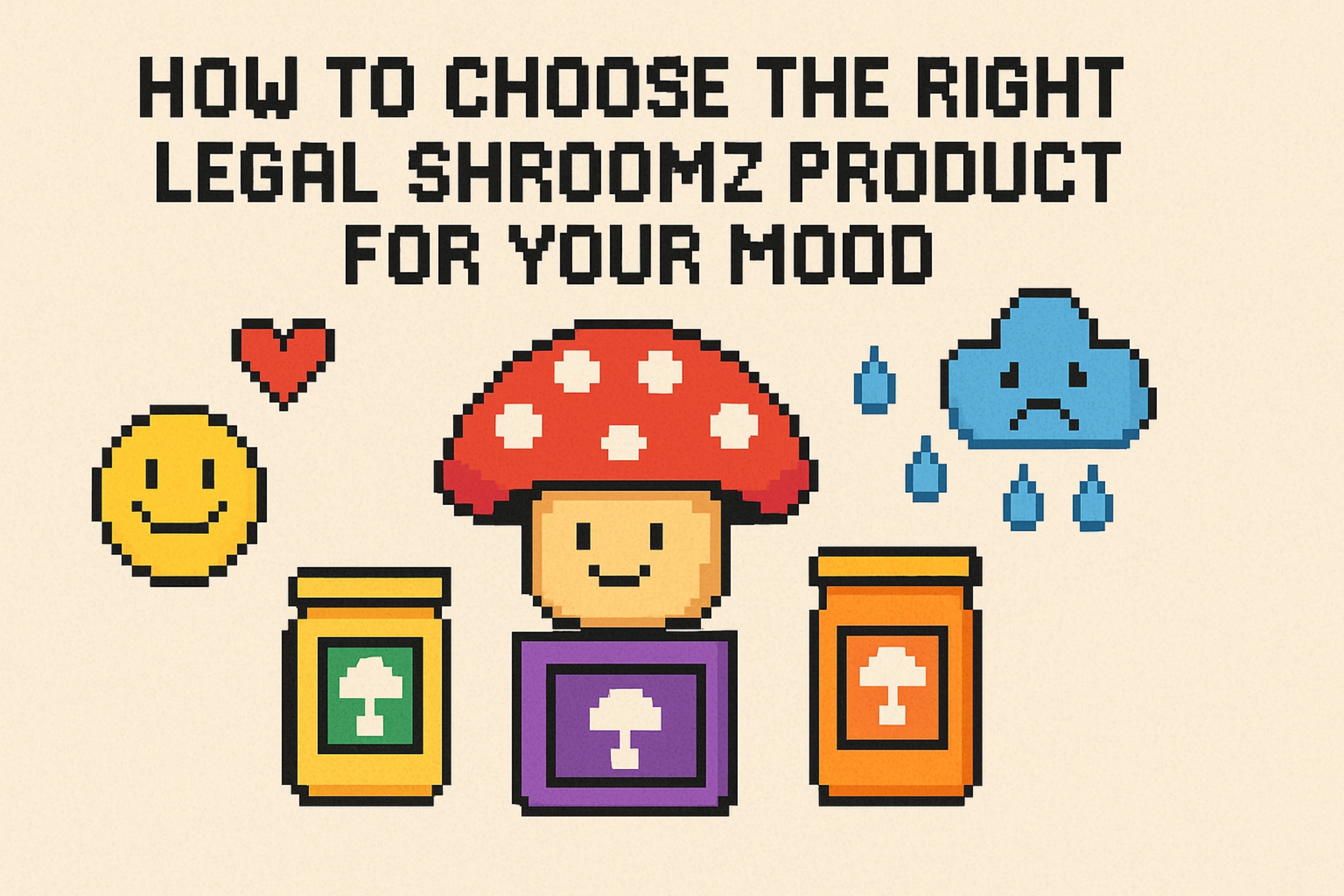 “Pixel art illustration showing a happy mushroom character with jars of legal shroomz supplements, a smiley face, a heart, and a sad cloud. Text reads: ‘How to Choose the Right Legal Shroomz Product for Your Mood.’”